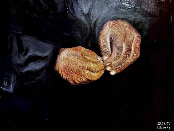 The hands, 43 x 56, Oil on ground ( Die Hände, Öl auf Mahlgrund) 1998